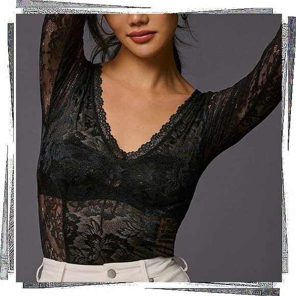 Black Sheer Long-Sleeve V-Neck Lace Bodysuit (S) by Anthropologie - Picture 2 of 3